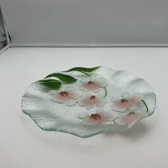 Fused Glass Scalloped Large Plate/Bowl Pink Pansies Green leaves - Picture 15 of 16